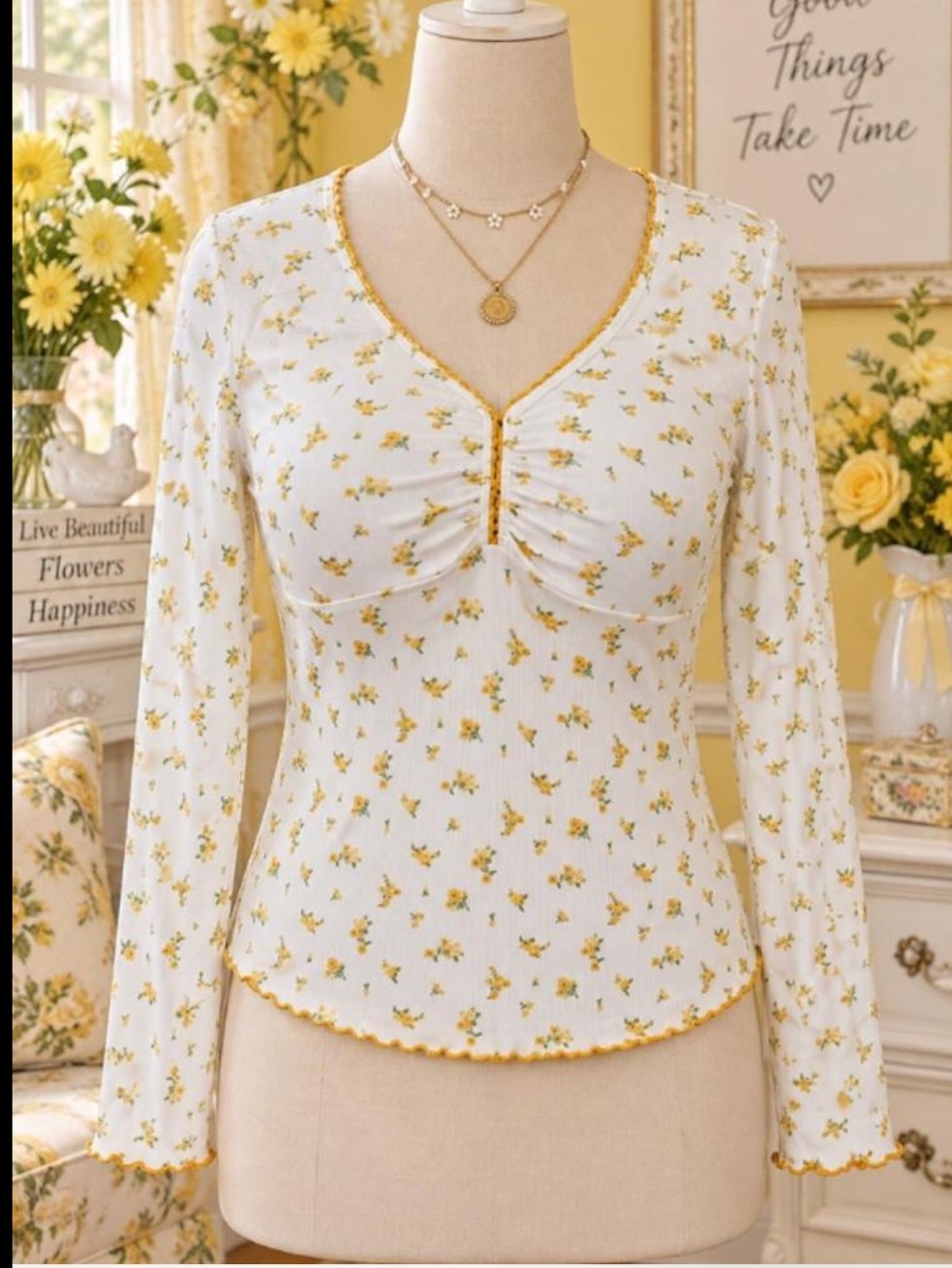 Women's White Long Sleeve Floral Ruched V-Neck Top - Yellow Print